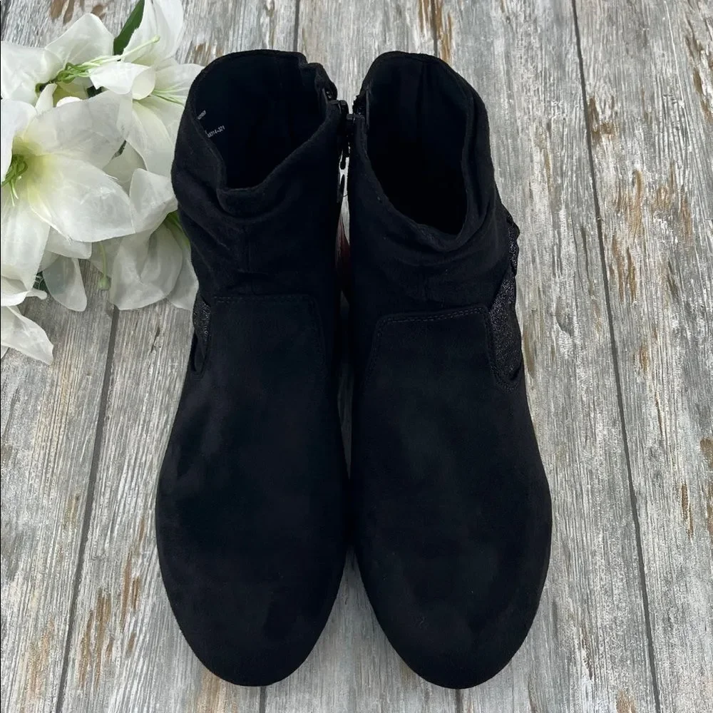 Big Girls Black Faux Suede Slouch Bow Ankle Boots Shoes Size 5